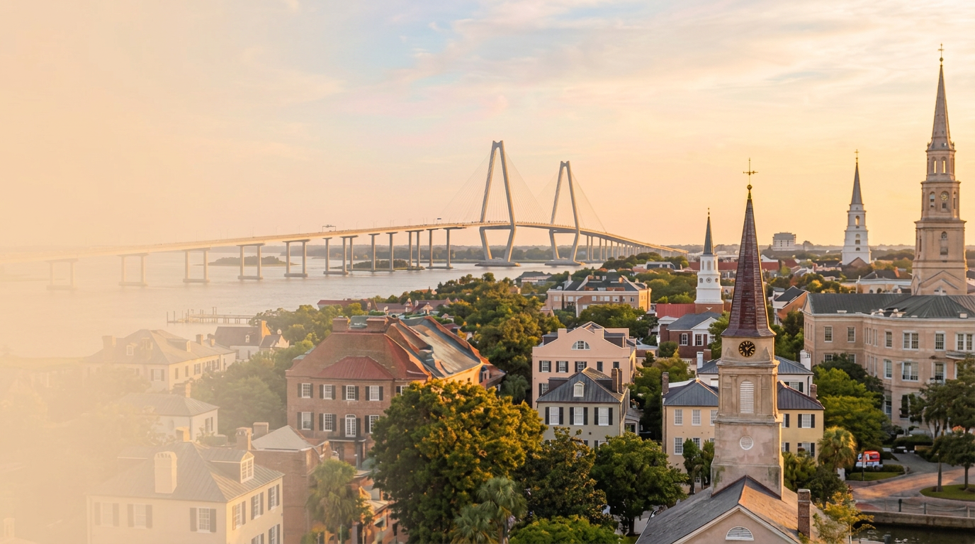 Charleston South Carolina skyline with five-star Google reviews for mortgage broker Simon Glenn